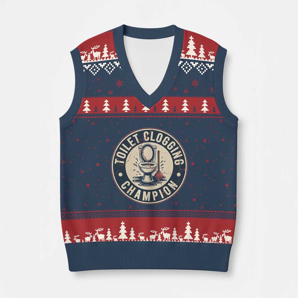 Funny Toilet Clogging Champion Badge Meme V-Neck Knit Sweater Vest for Poop Legends Gut Bomb Gladiators - Wonder Print Shop