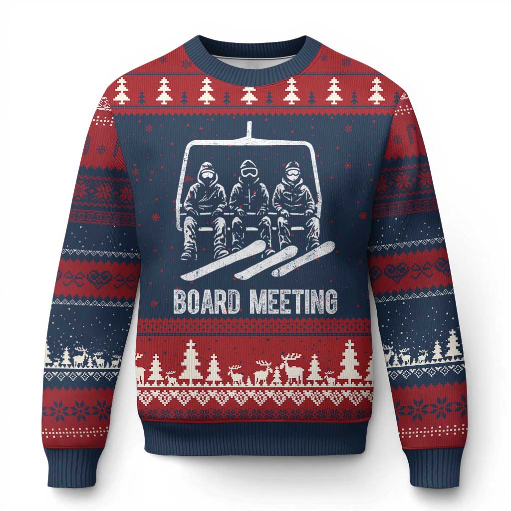 Funny Snowboarding Board Meeting Ugly Christmas Sweater Chairlift Snowboarders Powder Junkies - Wonder Print Shop