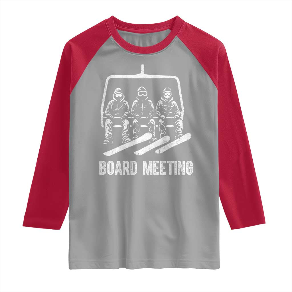 Funny Snowboarding Board Meeting Raglan Shirt Chairlift Snowboarders Powder Junkies - Wonder Print Shop