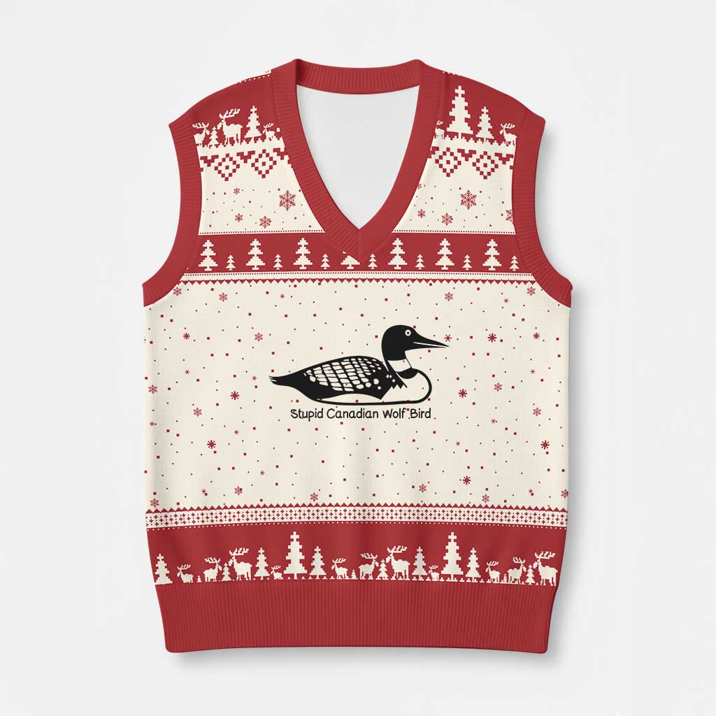 Stupid Canadian Wolf Bird V-Neck Knit Sweater Vest Funny Common Loon Meme Dry Humor - Wonder Print Shop