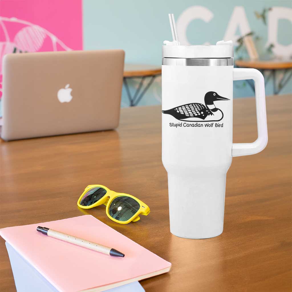Stupid Canadian Wolf Bird Tumbler With Handle Funny Common Loon Meme Dry Humor - Wonder Print Shop