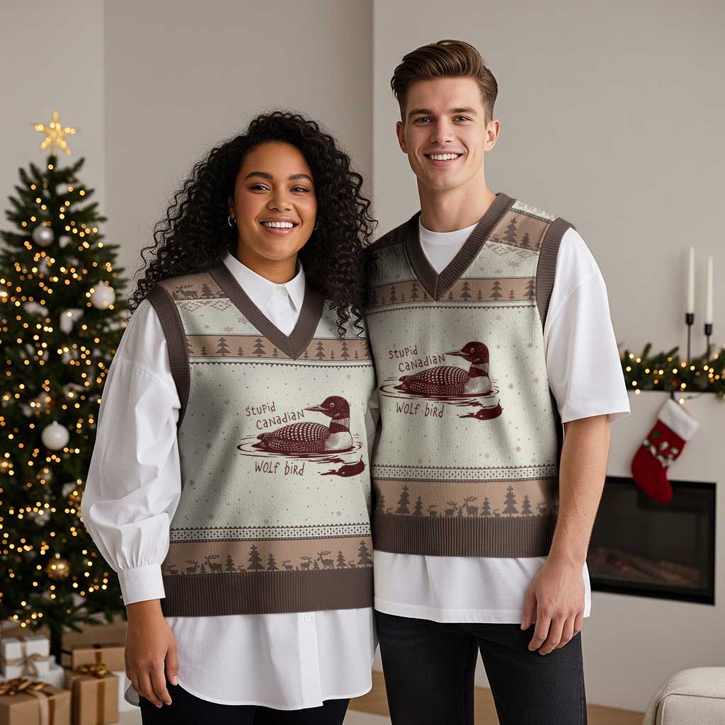 Stupid Canadian Wolf Bird Common Loon V-Neck Knit Sweater Vest Funny Absurd Bird Meme Humor - Wonder Print Shop