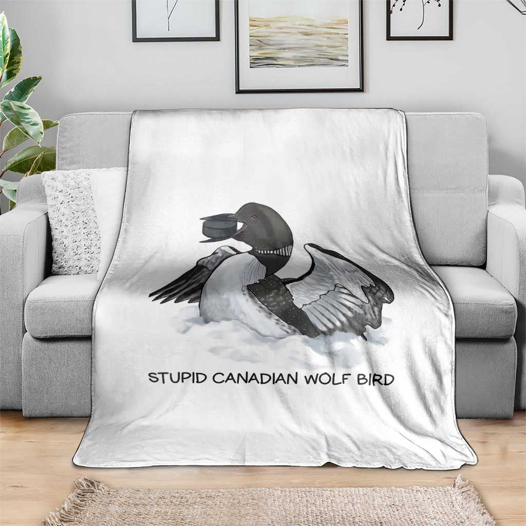 Funny Stupid Canadian Wolf Bird Throw Blanket Common Loon with Hockey Puck Bird Meme - Wonder Print Shop