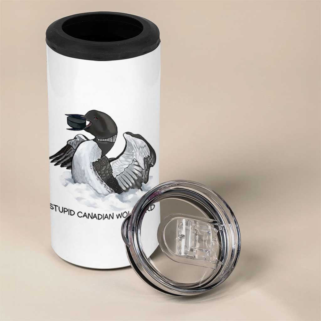 Funny Stupid Canadian Wolf Bird 4 in 1 Can Cooler Tumbler Common Loon with Hockey Puck Bird Meme - Wonder Print Shop