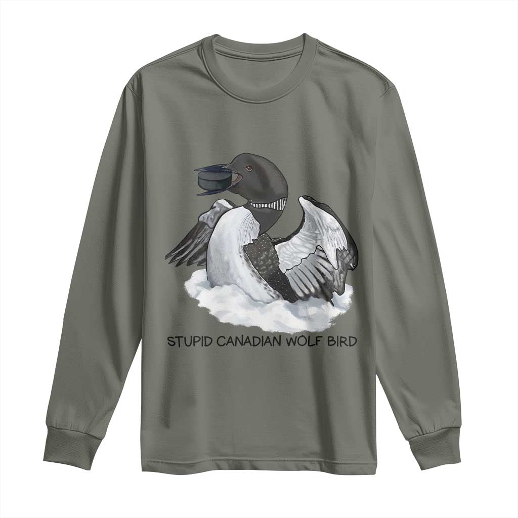 Funny Stupid Canadian Wolf Bird Long Sleeve Shirt Common Loon with Hockey Puck Bird Meme - Wonder Print Shop