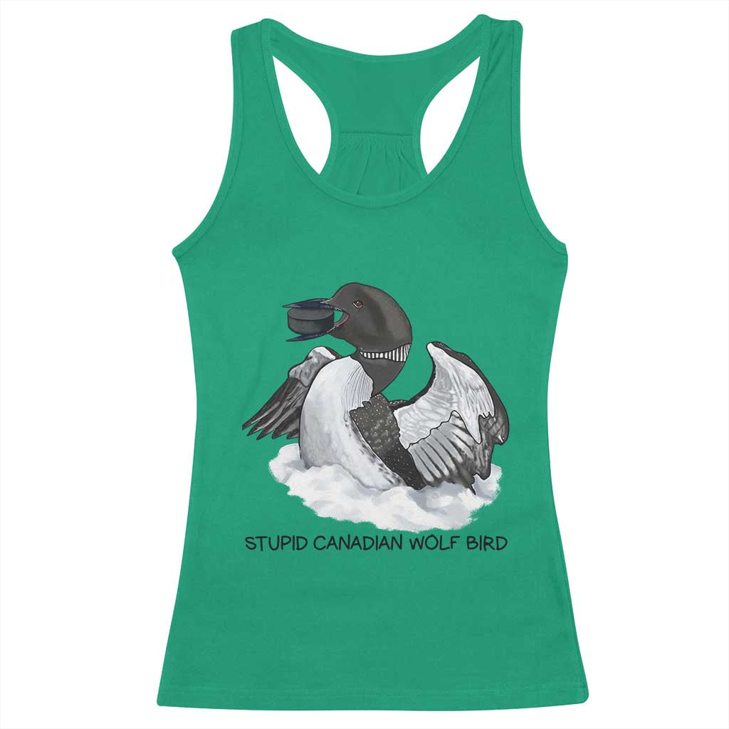 Funny Stupid Canadian Wolf Bird Racerback Tank Top Common Loon with Hockey Puck Bird Meme - Wonder Print Shop