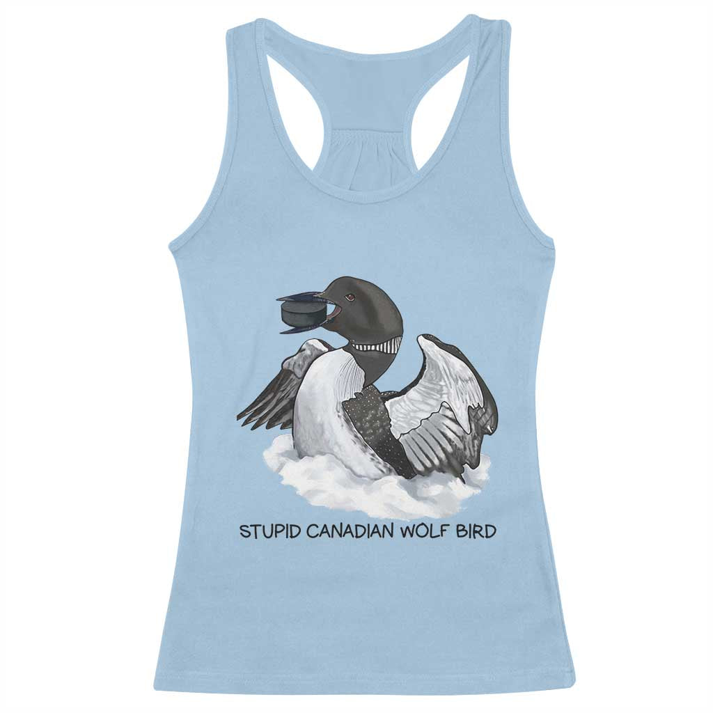 Funny Stupid Canadian Wolf Bird Racerback Tank Top Common Loon with Hockey Puck Bird Meme - Wonder Print Shop