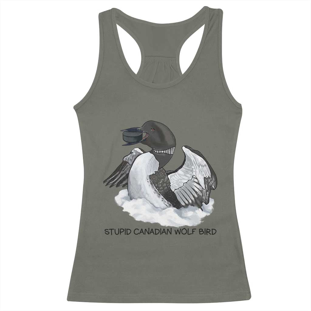 Funny Stupid Canadian Wolf Bird Racerback Tank Top Common Loon with Hockey Puck Bird Meme - Wonder Print Shop