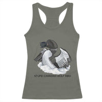 Funny Stupid Canadian Wolf Bird Racerback Tank Top Common Loon with Hockey Puck Bird Meme - Wonder Print Shop