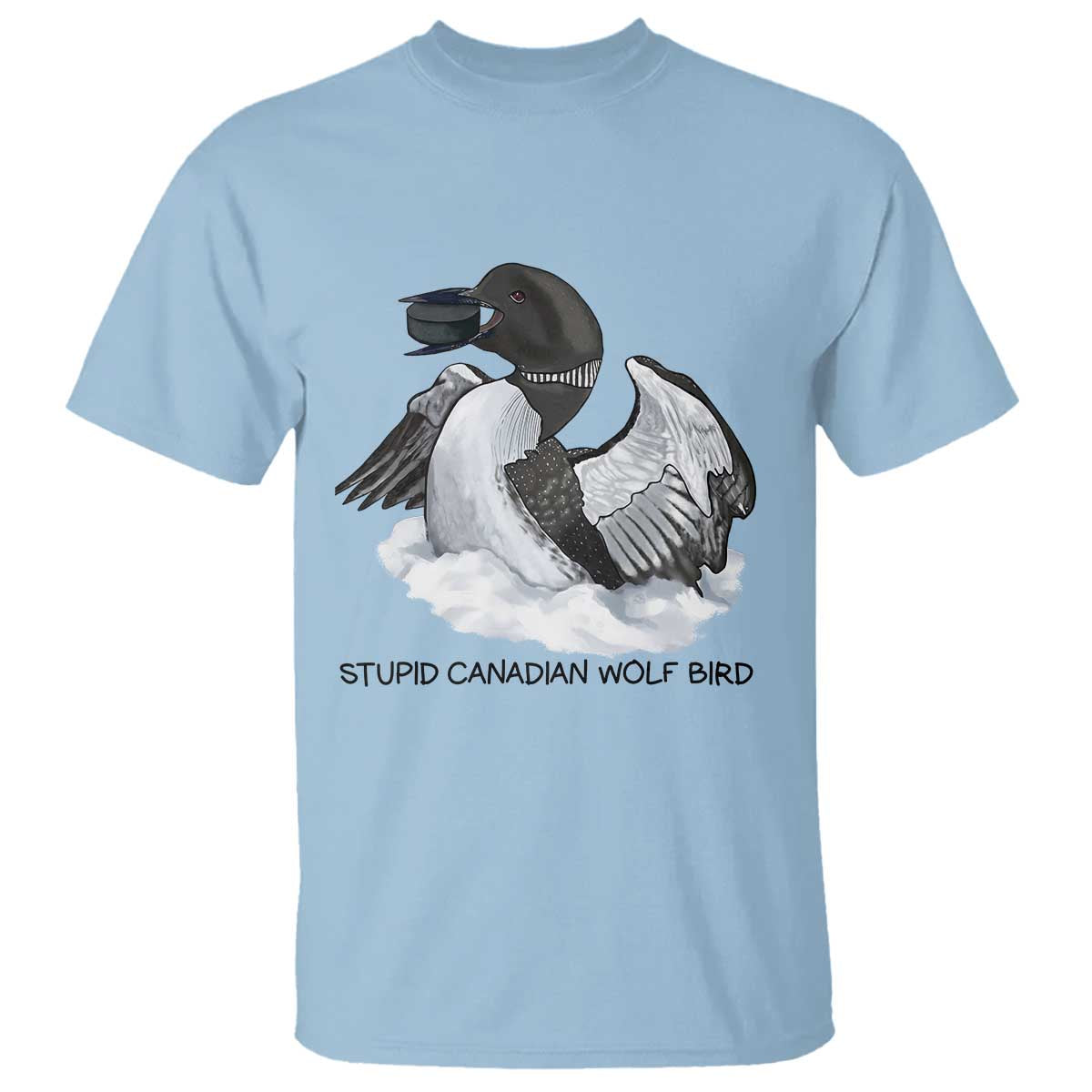 Funny Stupid Canadian Wolf Bird T Shirt Common Loon with Hockey Puck Bird Meme - Wonder Print Shop