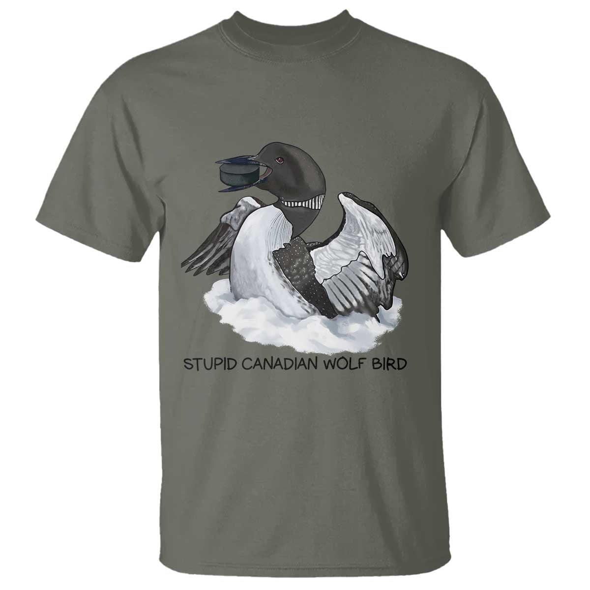 Funny Stupid Canadian Wolf Bird T Shirt Common Loon with Hockey Puck Bird Meme - Wonder Print Shop