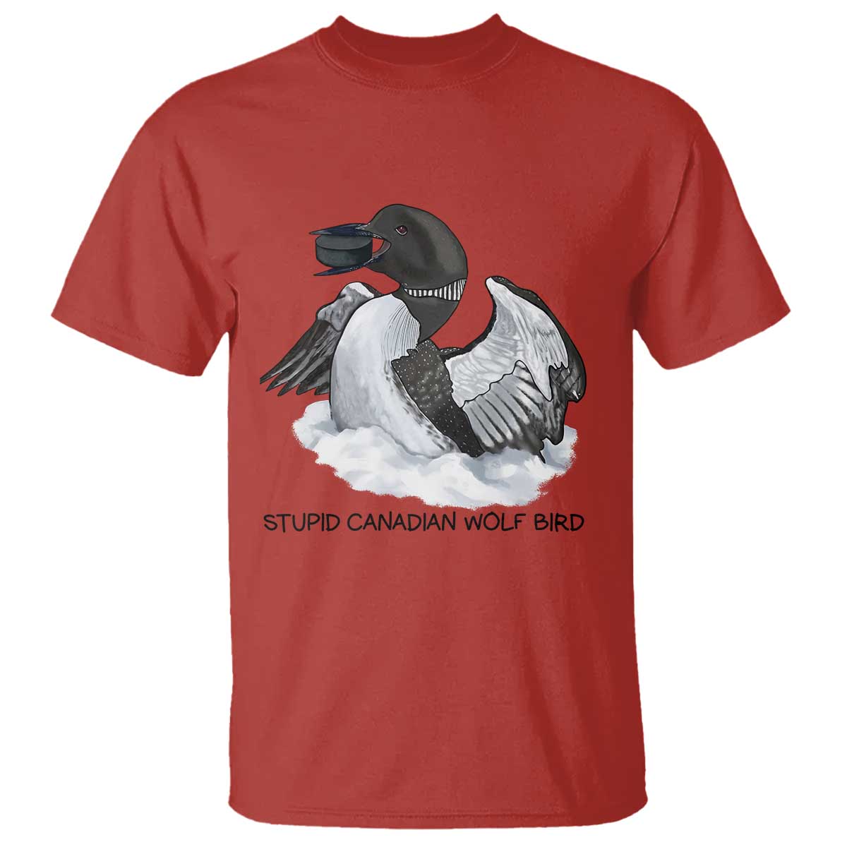 Funny Stupid Canadian Wolf Bird T Shirt Common Loon with Hockey Puck Bird Meme - Wonder Print Shop