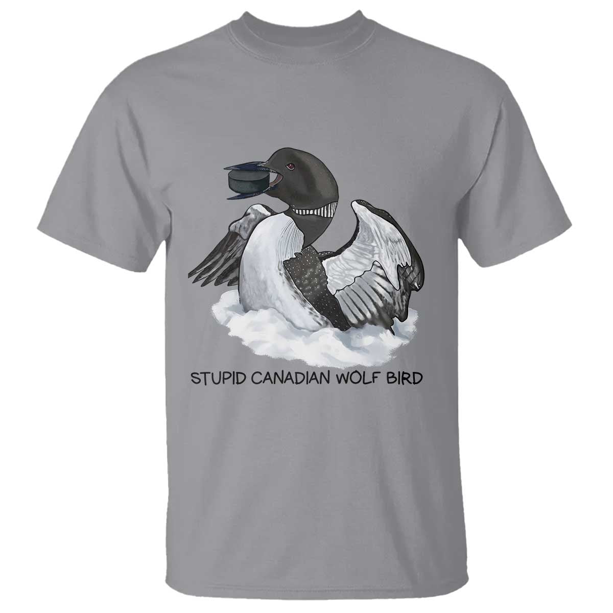 Funny Stupid Canadian Wolf Bird T Shirt Common Loon with Hockey Puck Bird Meme - Wonder Print Shop