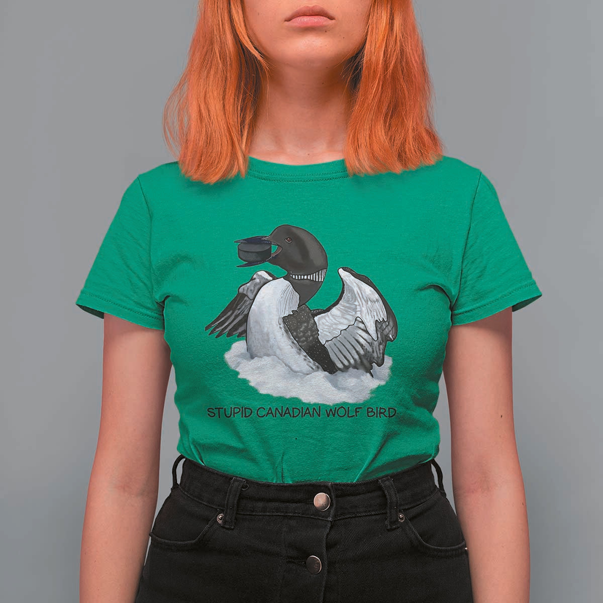 Funny Stupid Canadian Wolf Bird T Shirt For Women Common Loon with Hockey Puck Bird Meme - Wonder Print Shop