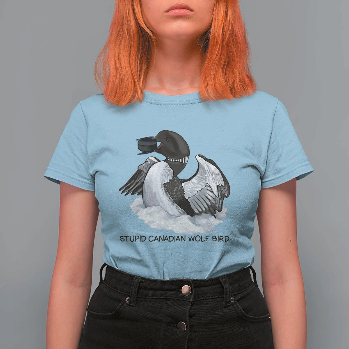 Funny Stupid Canadian Wolf Bird T Shirt For Women Common Loon with Hockey Puck Bird Meme - Wonder Print Shop