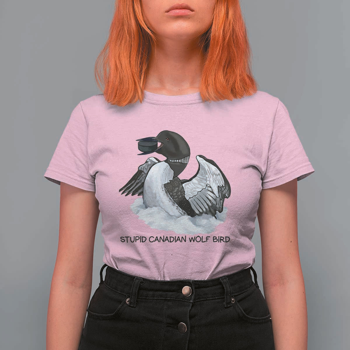 Funny Stupid Canadian Wolf Bird T Shirt For Women Common Loon with Hockey Puck Bird Meme - Wonder Print Shop