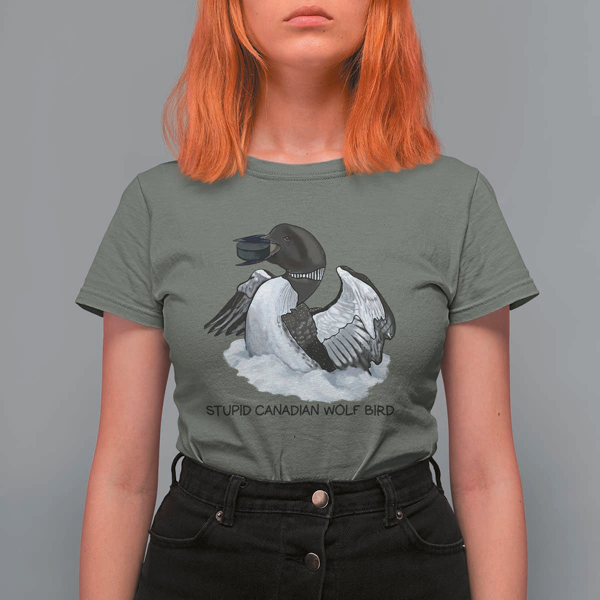 Funny Stupid Canadian Wolf Bird T Shirt For Women Common Loon with Hockey Puck Bird Meme - Wonder Print Shop