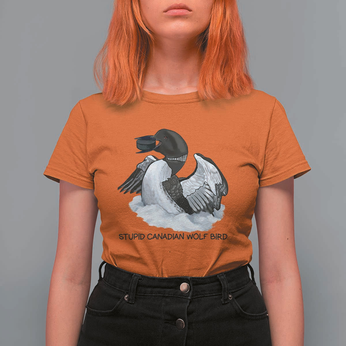 Funny Stupid Canadian Wolf Bird T Shirt For Women Common Loon with Hockey Puck Bird Meme - Wonder Print Shop