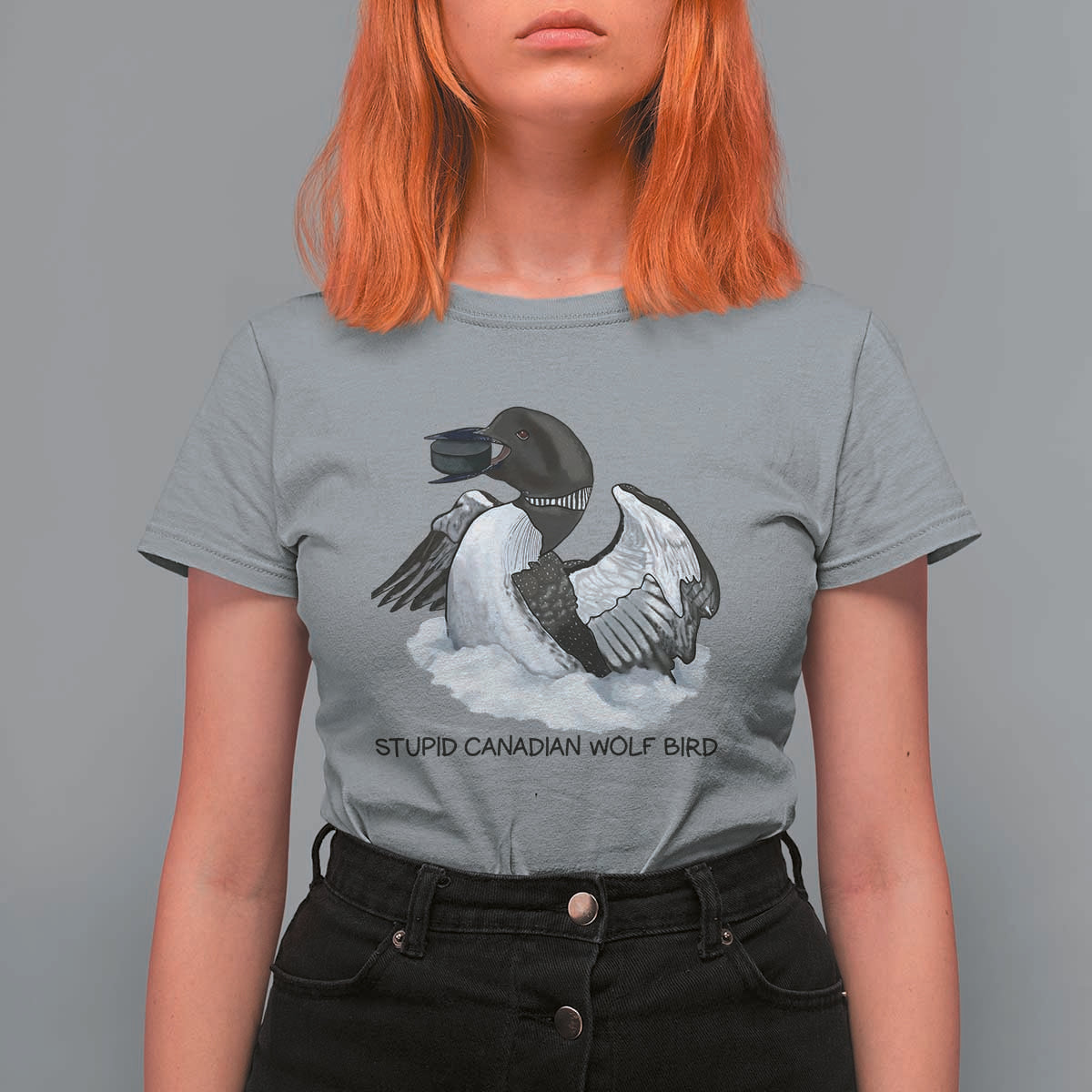 Funny Stupid Canadian Wolf Bird T Shirt For Women Common Loon with Hockey Puck Bird Meme - Wonder Print Shop