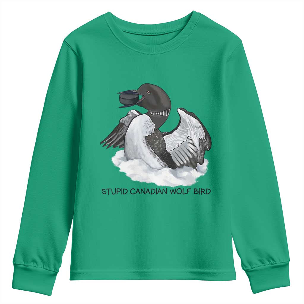Funny Stupid Canadian Wolf Bird Youth Sweatshirt Common Loon with Hockey Puck Bird Meme - Wonder Print Shop