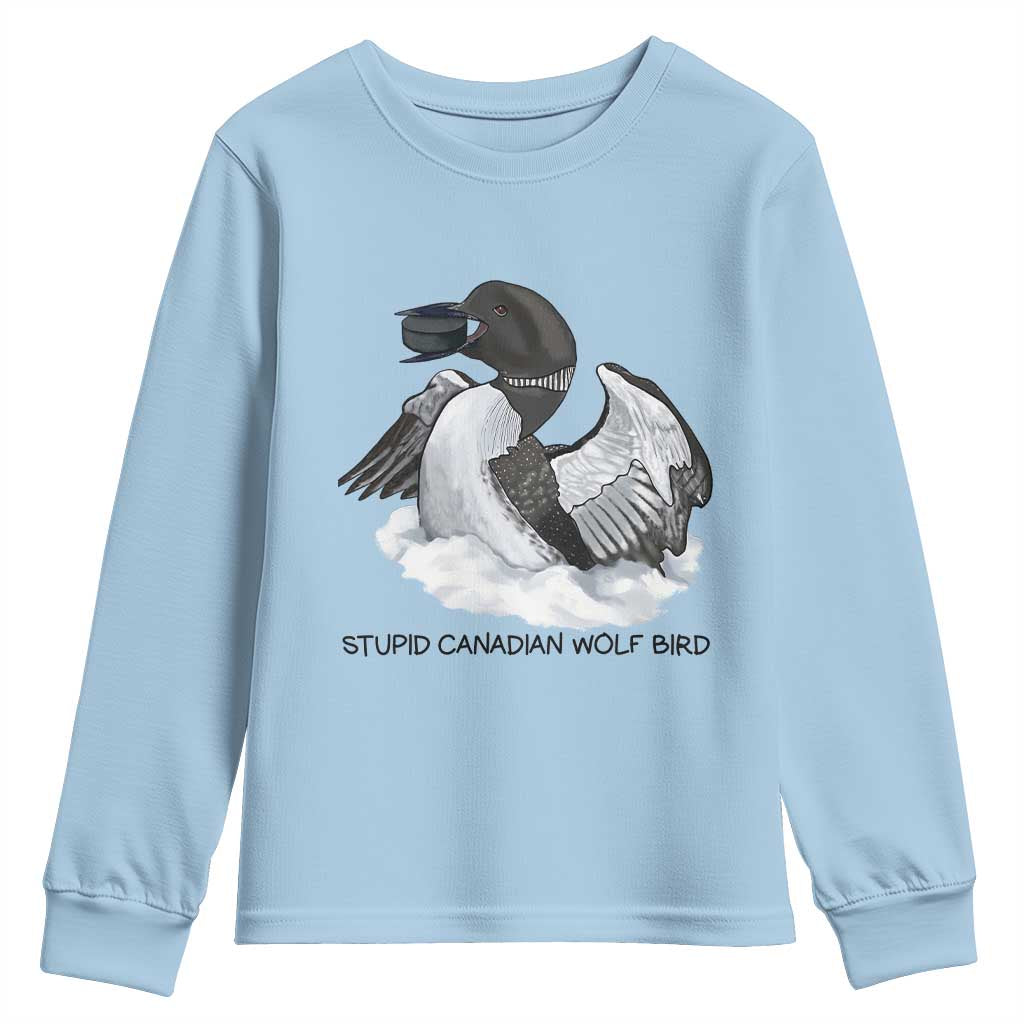 Funny Stupid Canadian Wolf Bird Youth Sweatshirt Common Loon with Hockey Puck Bird Meme - Wonder Print Shop