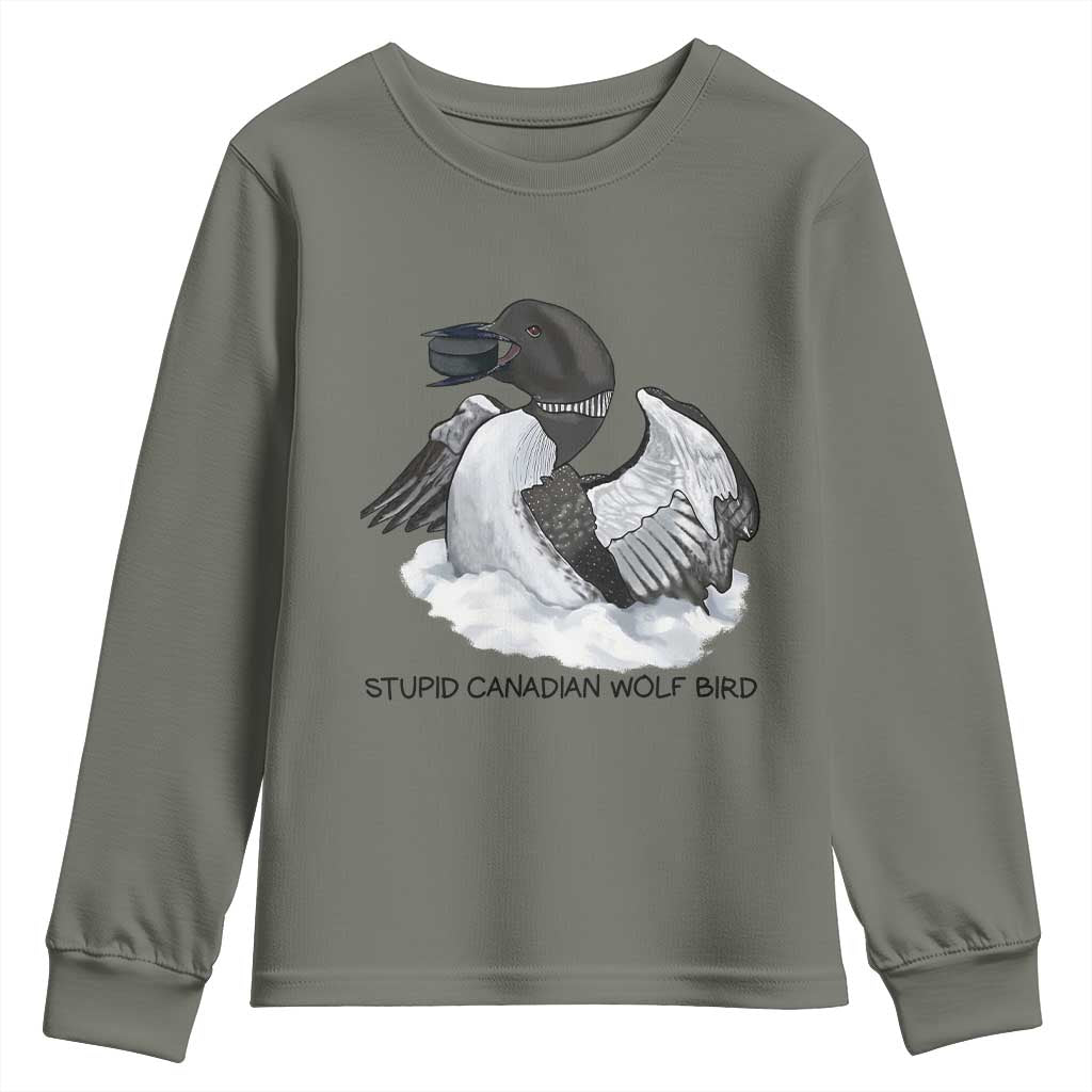Funny Stupid Canadian Wolf Bird Youth Sweatshirt Common Loon with Hockey Puck Bird Meme - Wonder Print Shop
