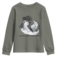 Funny Stupid Canadian Wolf Bird Youth Sweatshirt Common Loon with Hockey Puck Bird Meme - Wonder Print Shop