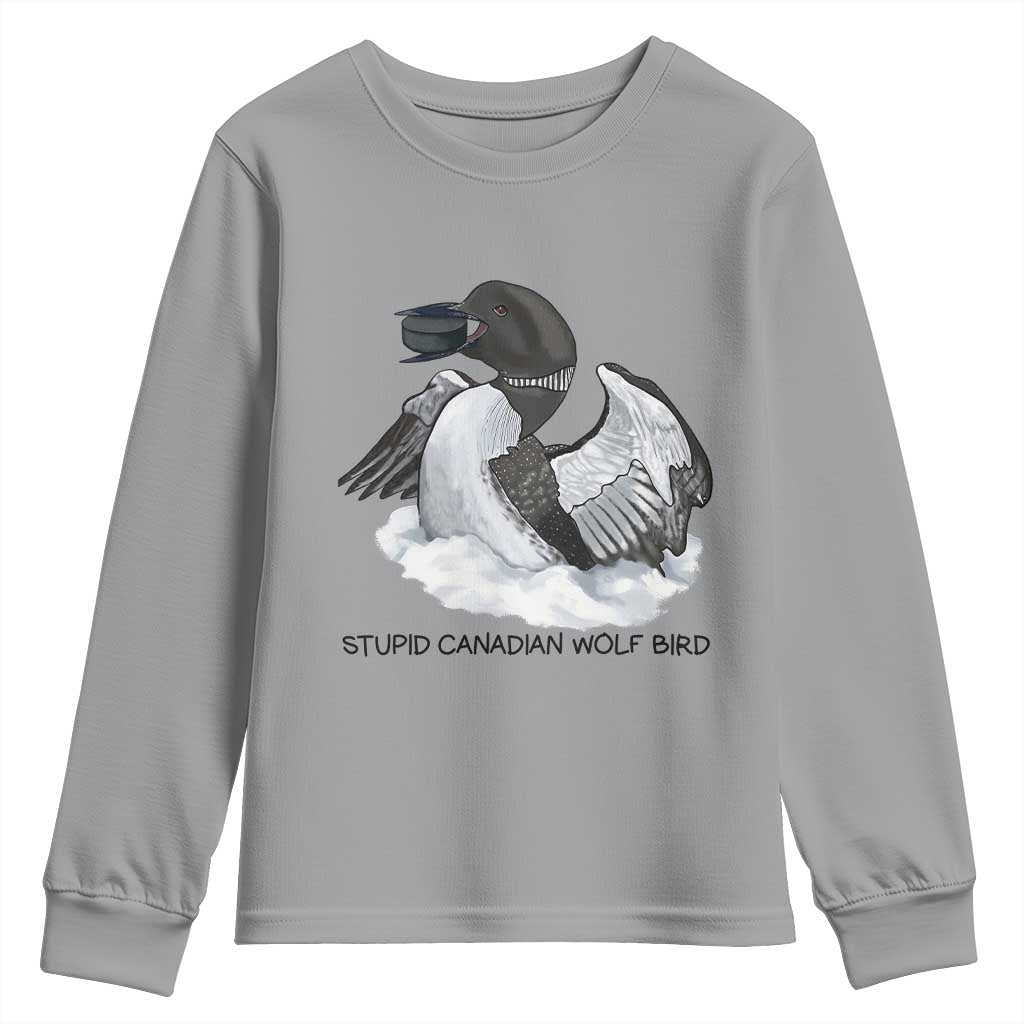 Funny Stupid Canadian Wolf Bird Youth Sweatshirt Common Loon with Hockey Puck Bird Meme - Wonder Print Shop