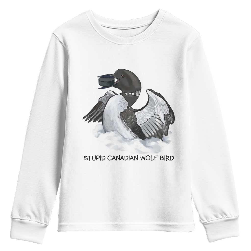 Funny Stupid Canadian Wolf Bird Youth Sweatshirt Common Loon with Hockey Puck Bird Meme - Wonder Print Shop