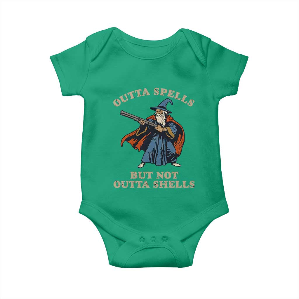 Outta Spells But Not Outta Shells Baby Onesie Funny Wizard Fantasy Meme - Wonder Print Shop