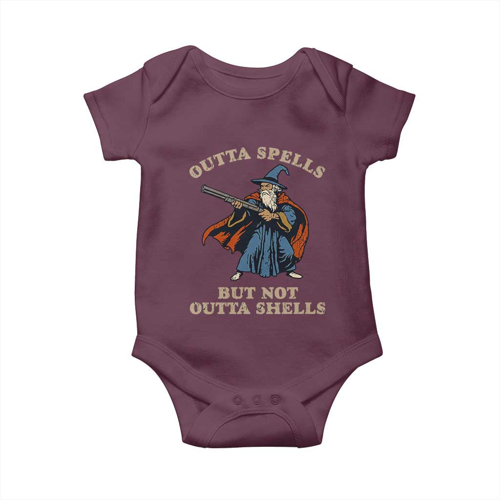 Outta Spells But Not Outta Shells Baby Onesie Funny Wizard Fantasy Meme - Wonder Print Shop
