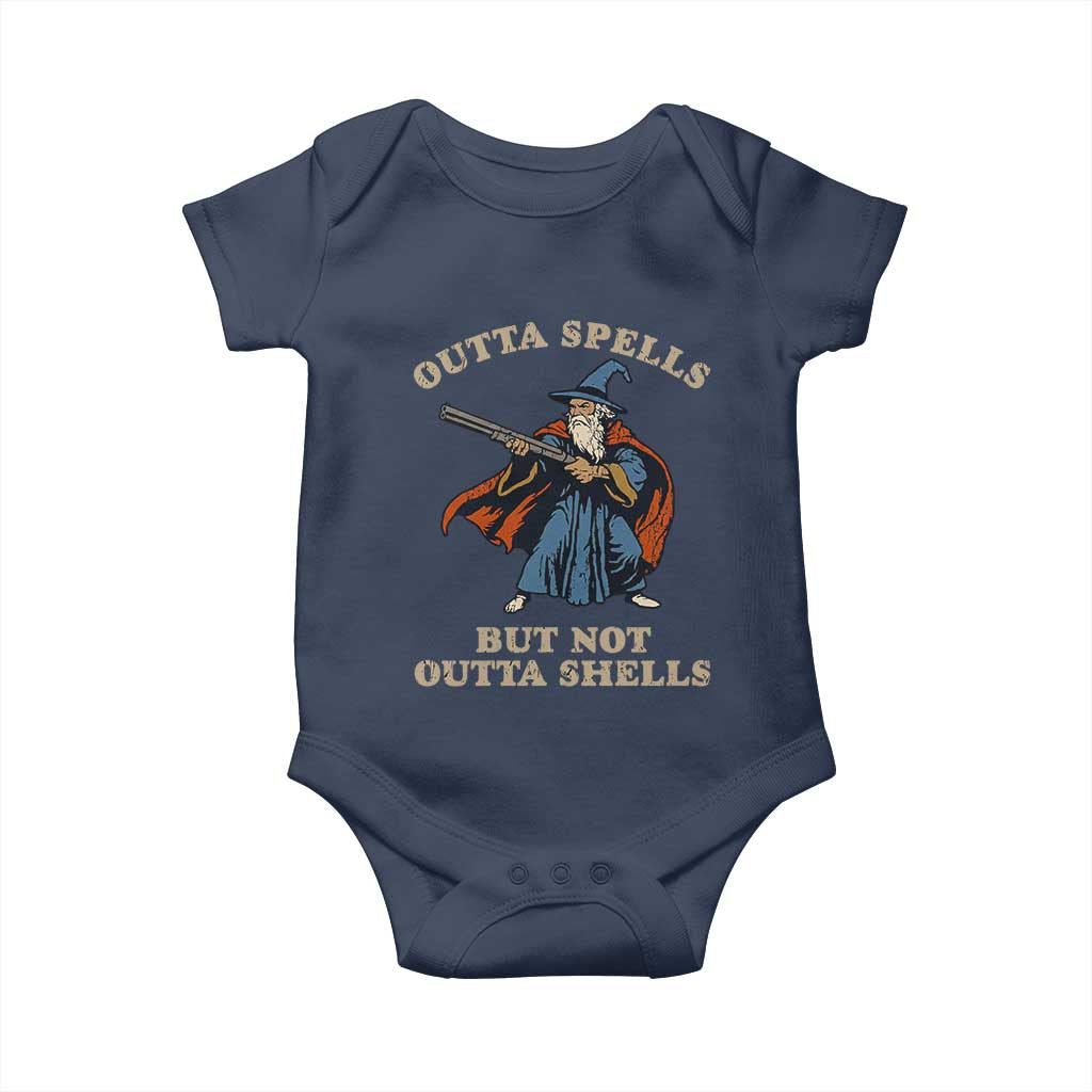 Outta Spells But Not Outta Shells Baby Onesie Funny Wizard Fantasy Meme - Wonder Print Shop