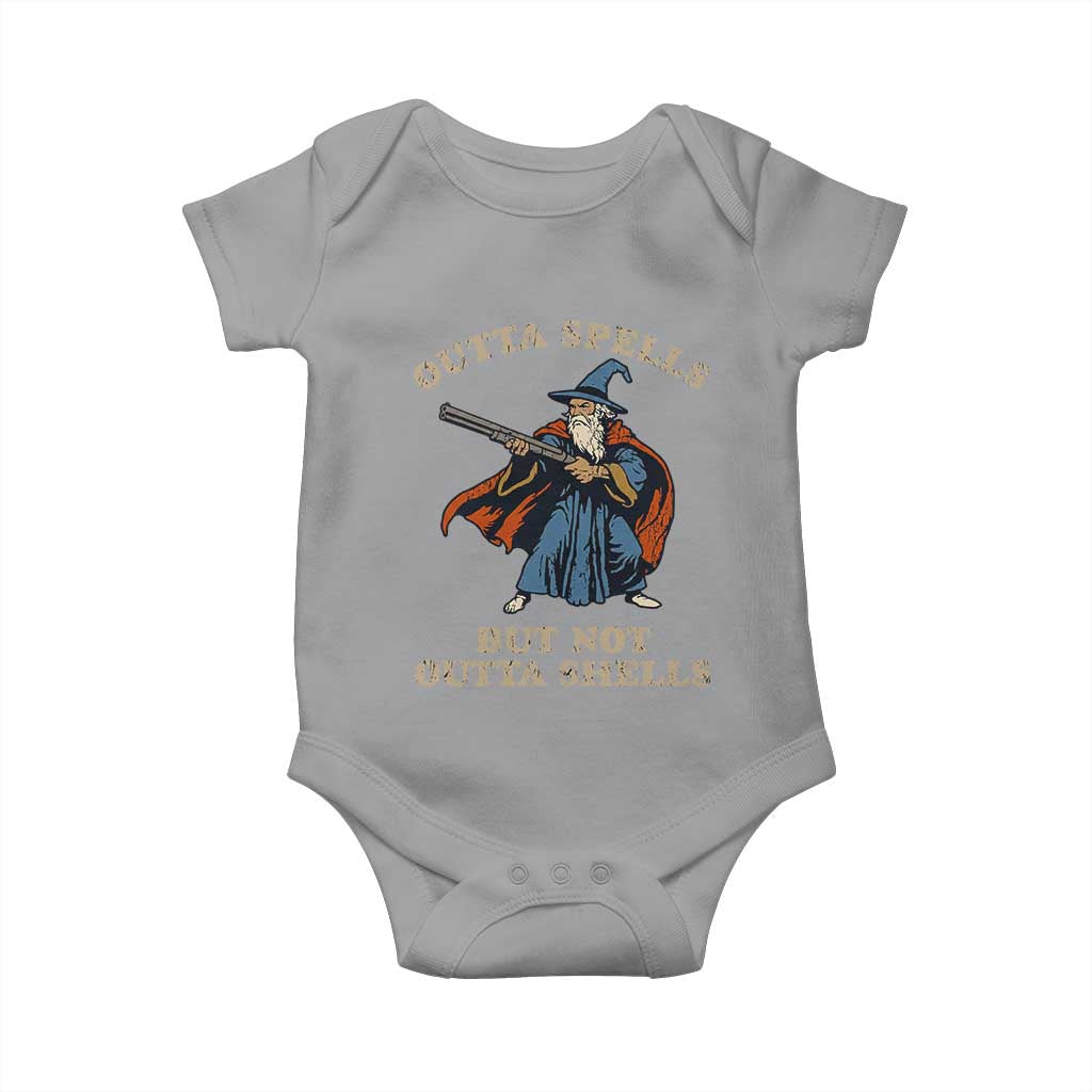 Outta Spells But Not Outta Shells Baby Onesie Funny Wizard Fantasy Meme - Wonder Print Shop