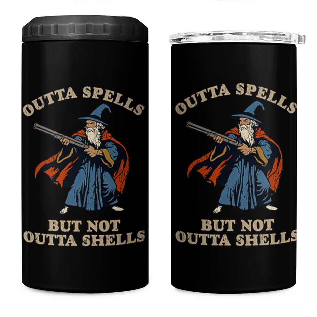 Outta Spells But Not Outta Shells 4 in 1 Can Cooler Tumbler Funny Wizard Fantasy Meme - Wonder Print Shop