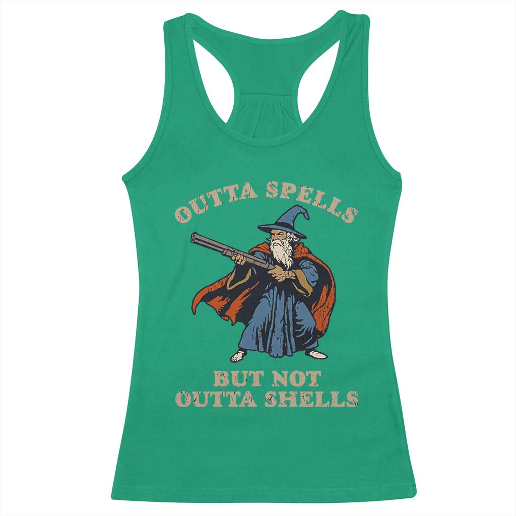 Outta Spells But Not Outta Shells Racerback Tank Top Funny Wizard Fantasy Meme - Wonder Print Shop