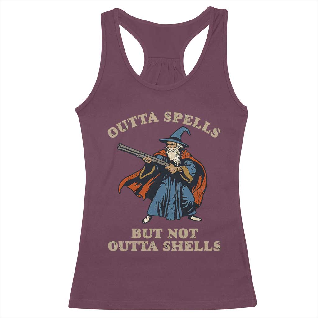 Outta Spells But Not Outta Shells Racerback Tank Top Funny Wizard Fantasy Meme - Wonder Print Shop