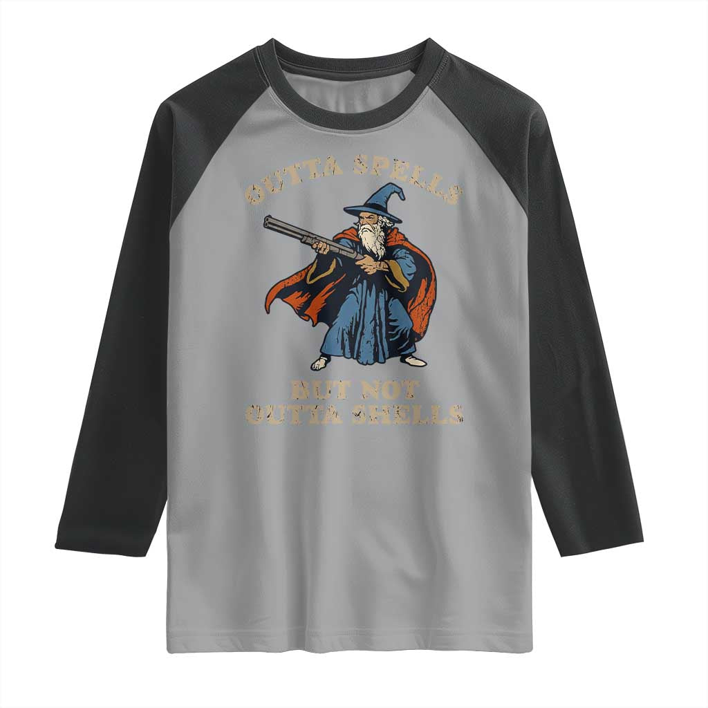 Outta Spells But Not Outta Shells Raglan Shirt Funny Wizard Fantasy Meme - Wonder Print Shop
