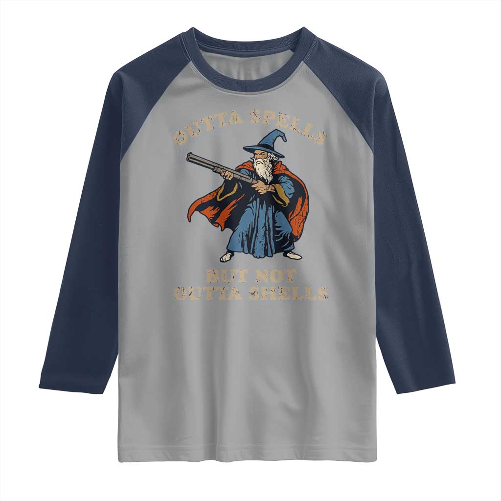 Outta Spells But Not Outta Shells Raglan Shirt Funny Wizard Fantasy Meme - Wonder Print Shop