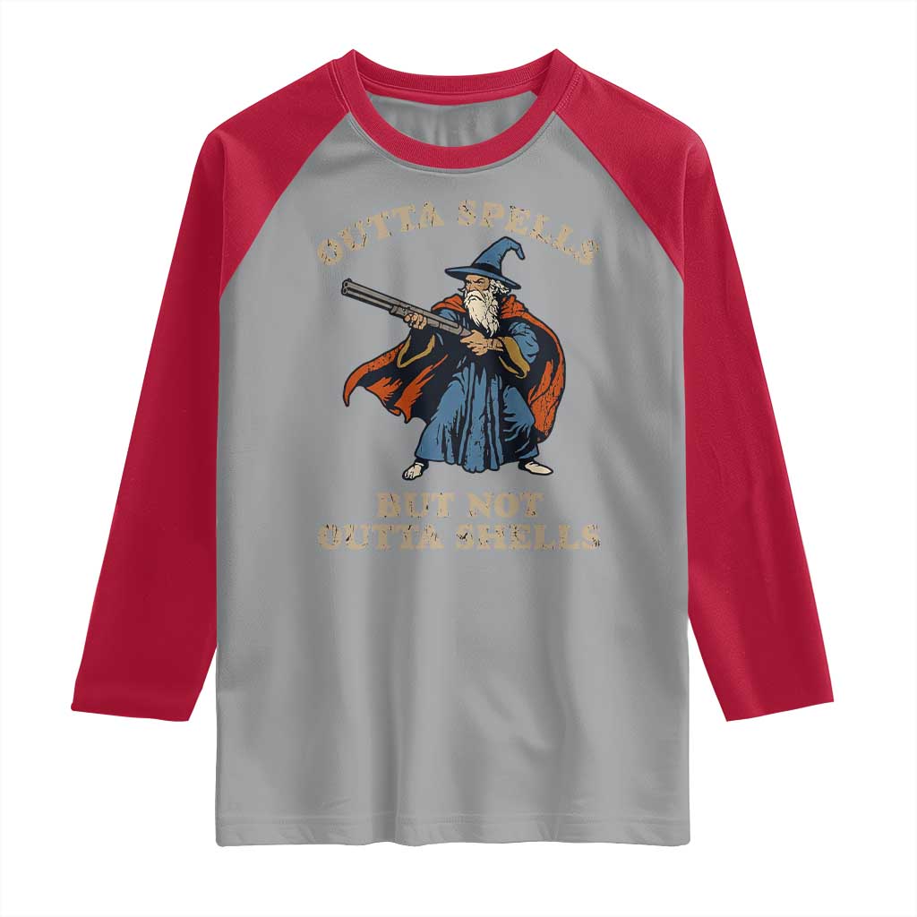 Outta Spells But Not Outta Shells Raglan Shirt Funny Wizard Fantasy Meme - Wonder Print Shop