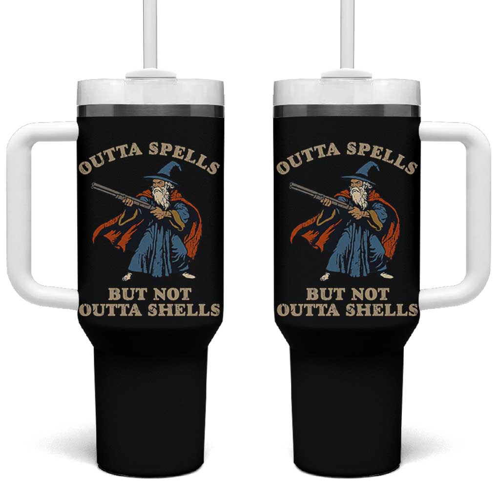 Outta Spells But Not Outta Shells Tumbler With Handle Funny Wizard Fantasy Meme - Wonder Print Shop