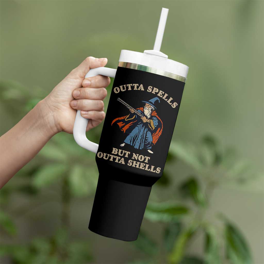 Outta Spells But Not Outta Shells Tumbler With Handle Funny Wizard Fantasy Meme - Wonder Print Shop