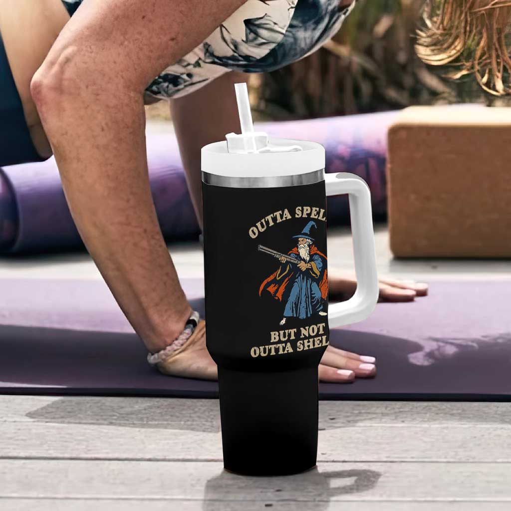Outta Spells But Not Outta Shells Tumbler With Handle Funny Wizard Fantasy Meme - Wonder Print Shop