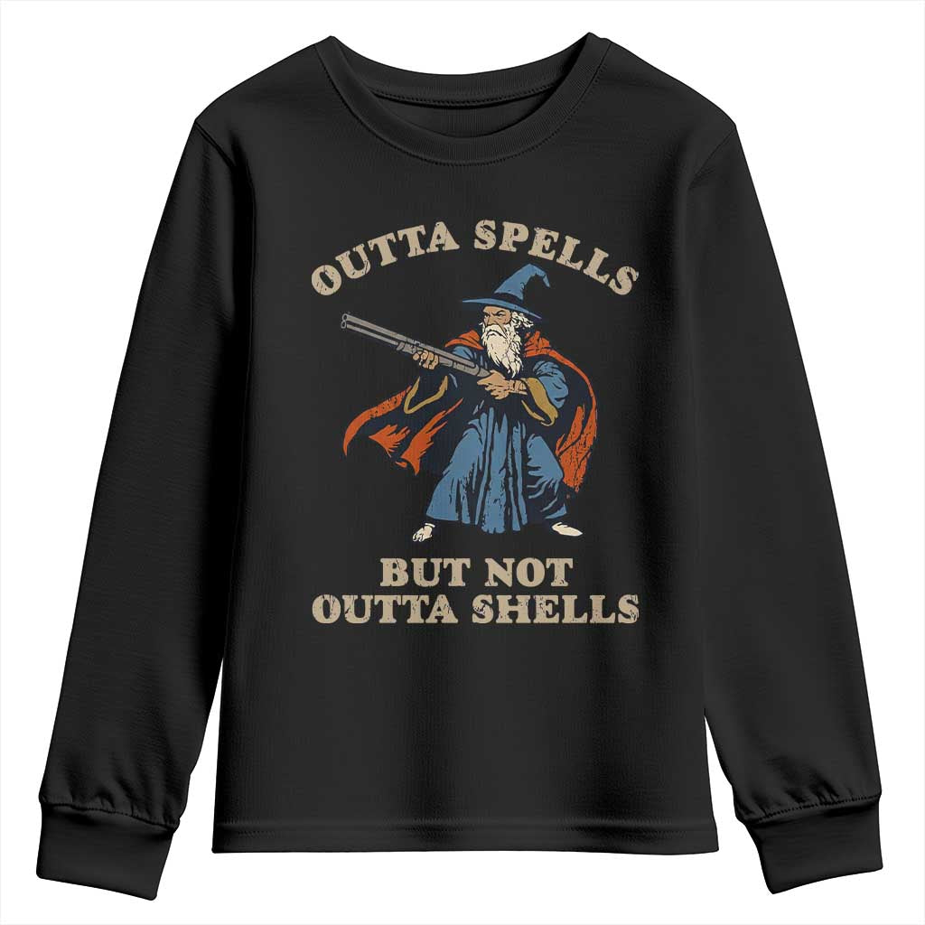 Outta Spells But Not Outta Shells Youth Sweatshirt Funny Wizard Fantasy Meme - Wonder Print Shop