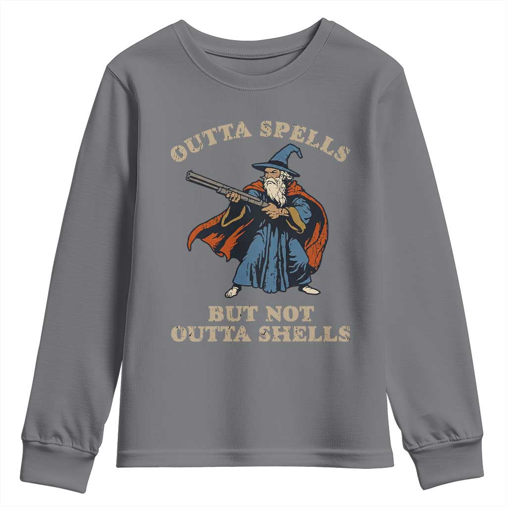 Outta Spells But Not Outta Shells Youth Sweatshirt Funny Wizard Fantasy Meme - Wonder Print Shop