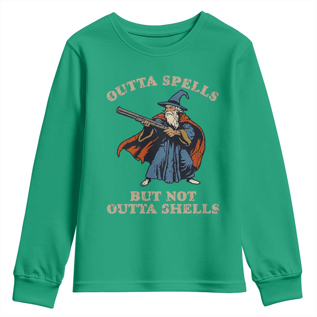 Outta Spells But Not Outta Shells Youth Sweatshirt Funny Wizard Fantasy Meme - Wonder Print Shop