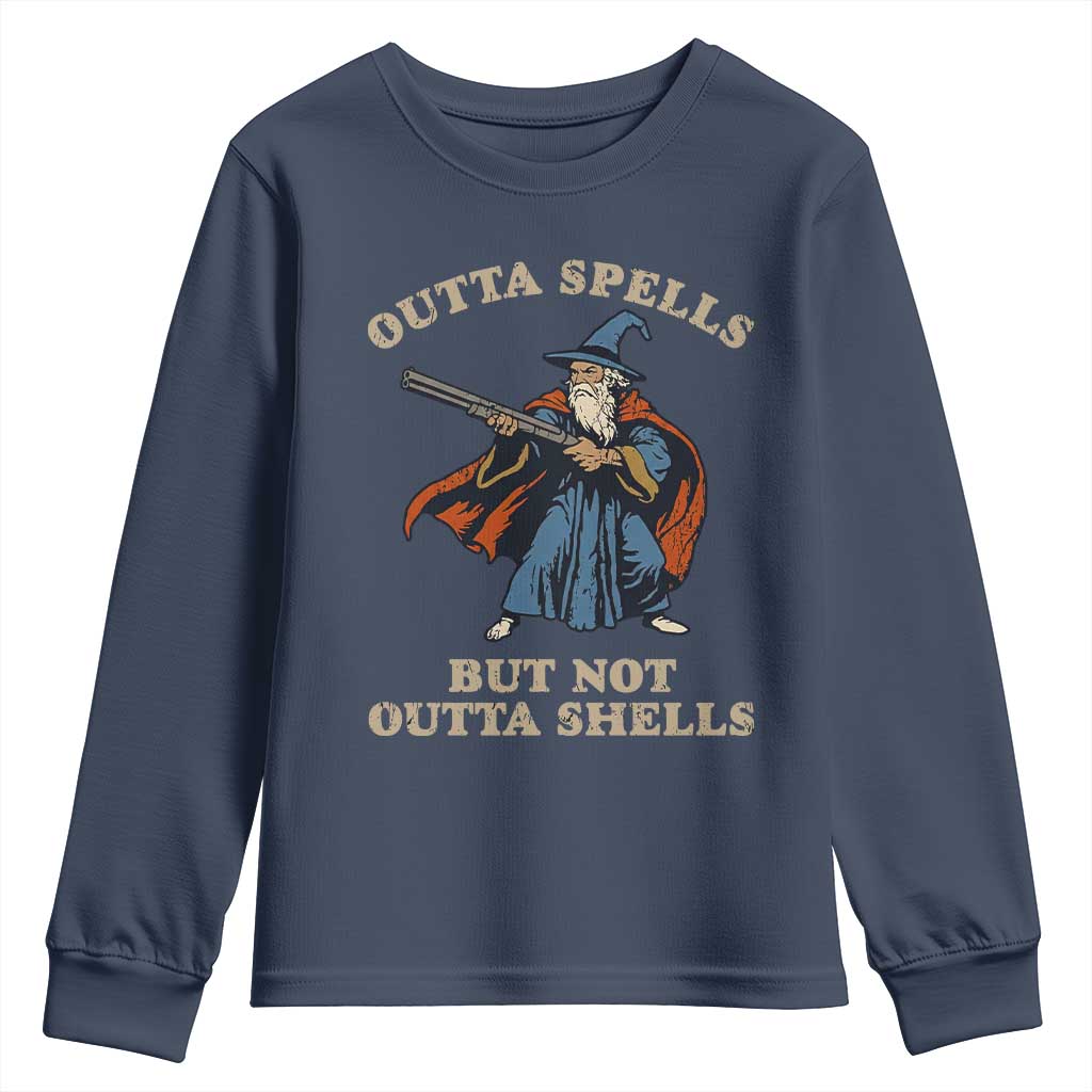 Outta Spells But Not Outta Shells Youth Sweatshirt Funny Wizard Fantasy Meme - Wonder Print Shop