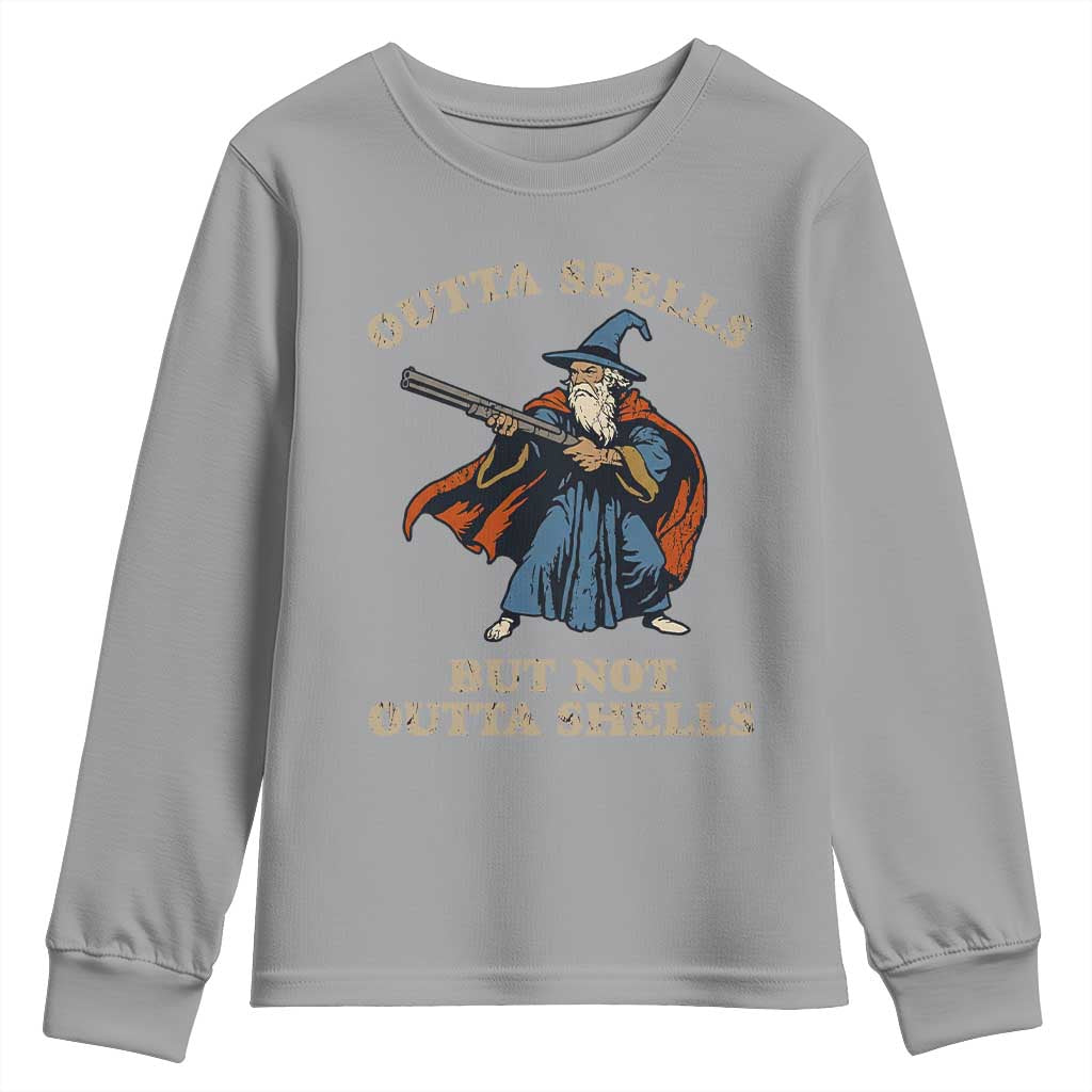 Outta Spells But Not Outta Shells Youth Sweatshirt Funny Wizard Fantasy Meme - Wonder Print Shop