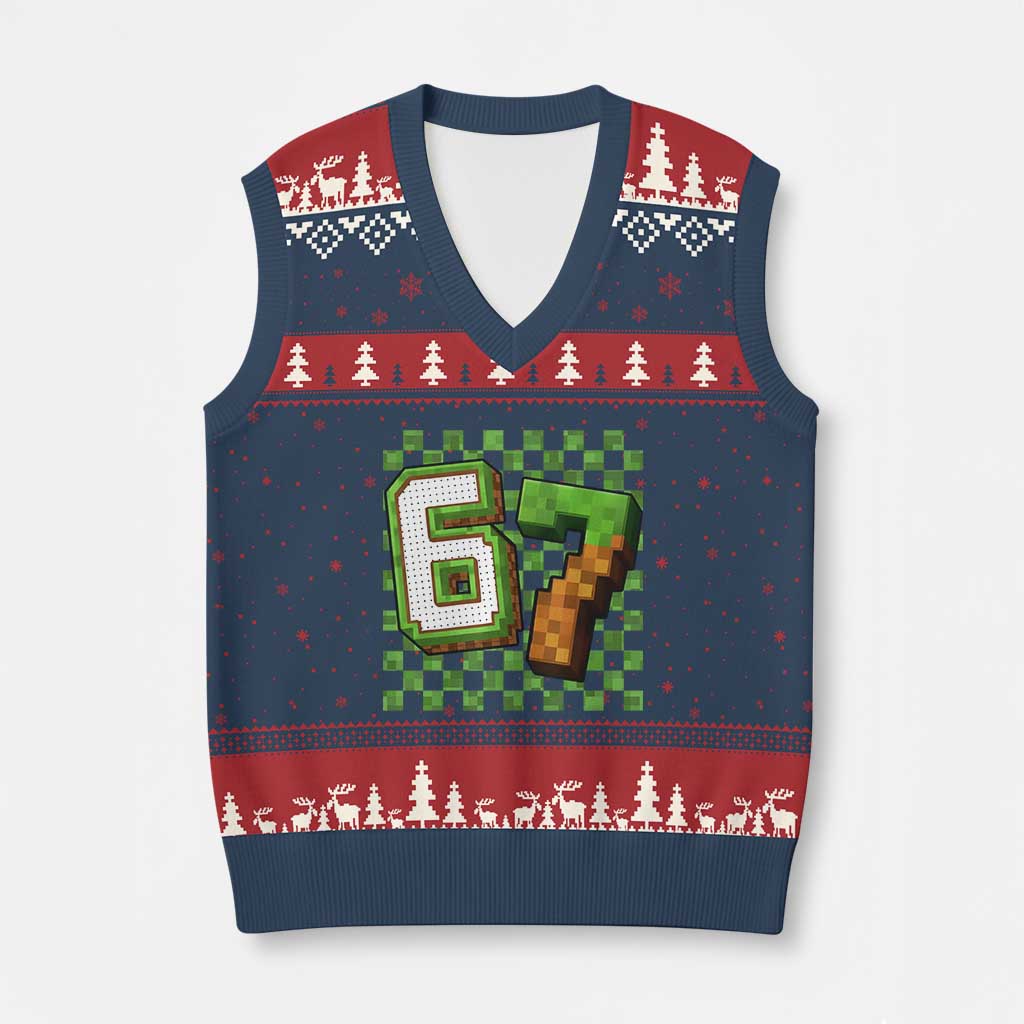 Funny 67 Pixel Style Graphic V-Neck Knit Sweater Vest Viral Six Seven Meme Gamer - Wonder Print Shop