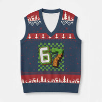 Funny 67 Pixel Style Graphic V-Neck Knit Sweater Vest Viral Six Seven Meme Gamer - Wonder Print Shop