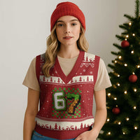 Funny 67 Pixel Style Graphic V-Neck Knit Sweater Vest Viral Six Seven Meme Gamer - Wonder Print Shop